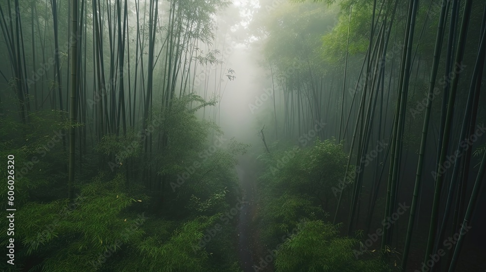 Obraz premium Embrace the tranquil beauty of a misty morning in a Japanese bamboo forest, where ethereal tendrils of fog weave through towering bamboo stalks. Generated by AI.