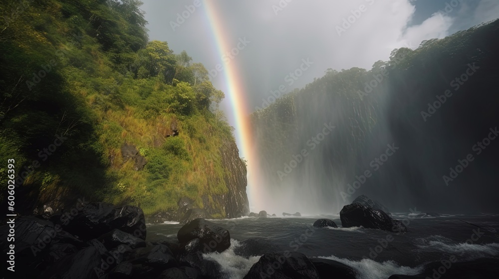 Capture the magical moment when a resplendent rainbow graces a majestic waterfall, casting a vibrant arc of colors against the backdrop of gushing waters. Generated by AI.