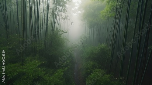 Embrace the tranquil beauty of a misty morning in a Japanese bamboo forest, where ethereal tendrils of fog weave through towering bamboo stalks. Generated by AI.
