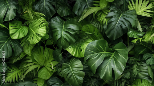 top view of tropical leaves texture background image, Generative Ai