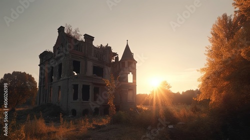 The haunting beauty of an abandoned castle is magnified by the vibrant colors of a radiant sunset, creating an atmosphere of both melancholy and awe. Generated by AI.