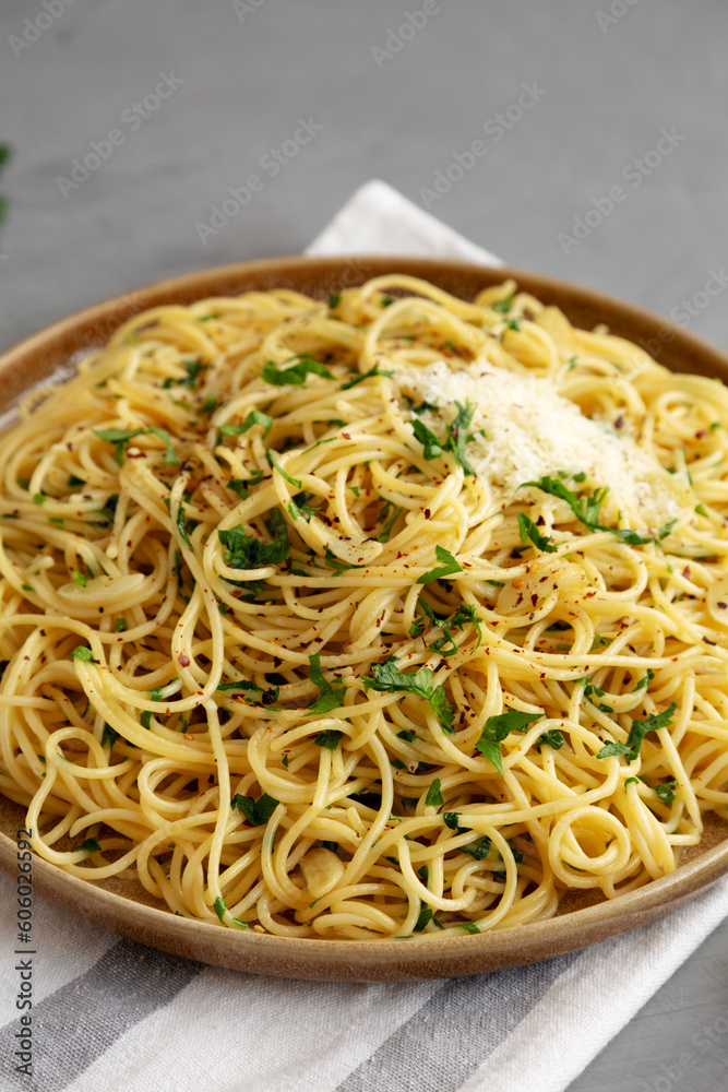 Homemade Italian Spaghetti Aglio e Olio on a Plate, side view. Homemade Italian Spaghetti Aglio e Olio on a Plate, side view.