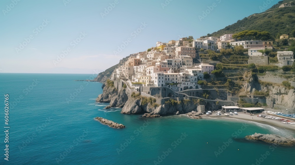 Experience the allure of the Amalfi Coast as you embark on a picturesque drive through this Italian paradise, where the winding roads hug the rugged cliffs. Generated by AI.