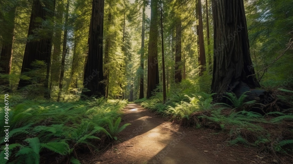 Fototapeta premium Immerse yourself in the tranquility of the Redwood Forest as you embark on a peaceful drive through this majestic wilderness. Generated by AI.
