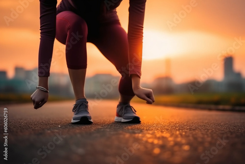 blurry of athlete woman runner stretching leg preparing at sunset. AI generative