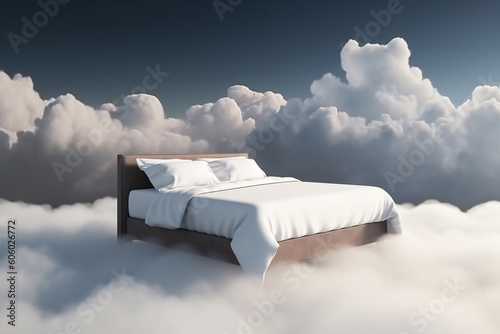 States of mind, pop art and interior concept. Abstract illustration of bed and white fluffy floating clouds above it. Generative AI