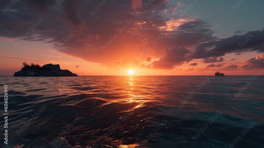 Enjoy a captivating view of a vibrant and colorful sunset over the ocean, as the sky transforms into a mesmerizing tapestry of warm oranges, deep purples. Generated by AI.