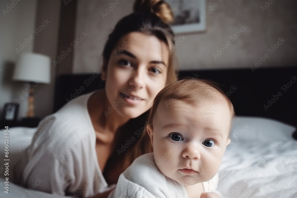 Young mother playing with her sweet three month old baby in the bedroom Young mother playing with her sweet three month old baby in the bedroom