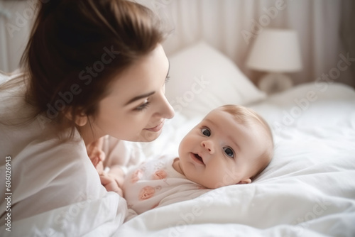 Young mother playing with her sweet three month old baby in the bedroom 