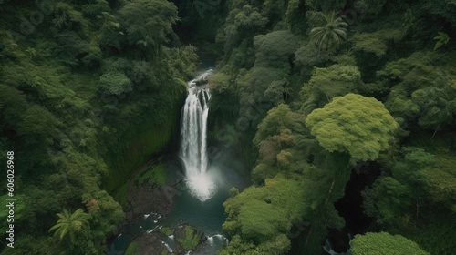 Immerse yourself in the natural wonder of a majestic waterfall surrounded by lush greenery. Generated by AI.