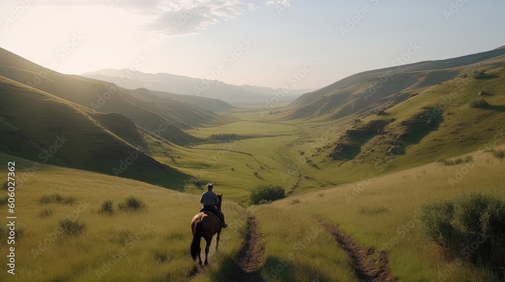 Discover the joy and serenity of a scenic horseback ride through the idyllic rolling hills, as you embrace the rhythm of nature, bask in the warm sunlight. Generated by AI.