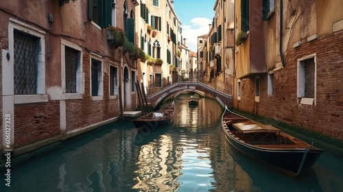 Experience tranquility on a peaceful gondola ride through a picturesque canal, where beauty and serenity come together in perfect harmony. Generated by AI. © Anastasia