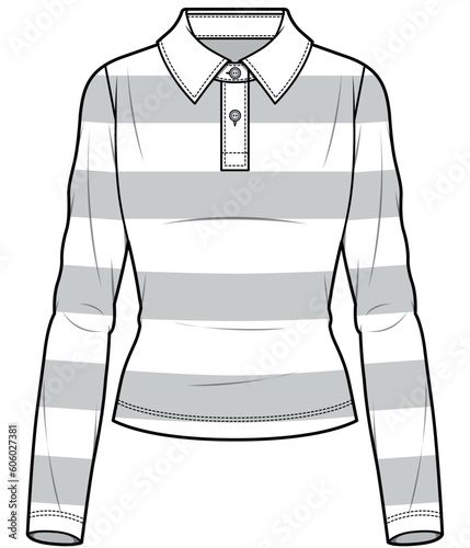 womens long sleeve polo t shirt flat sketch vector illustration technical cad drawing template