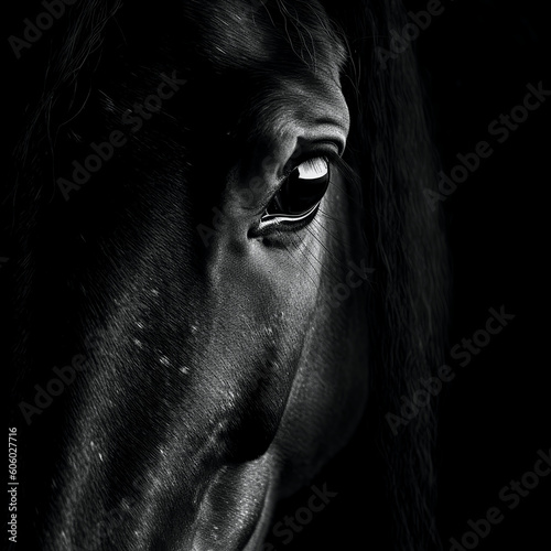 Dramatic black and white close up portrait of horse face - Generative AI