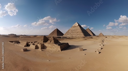 Journey back in time to the land of pharaohs and dynasties with a fascinating tour of the Egyptian pyramids. Generated by AI.