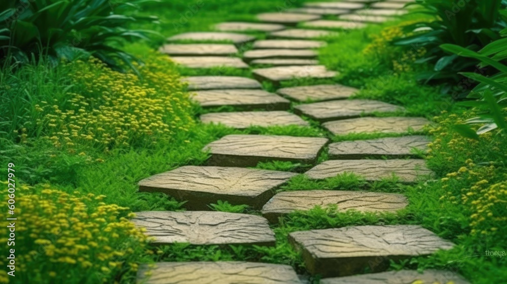 Landscaping of the garden. path curving through Lawn with green grass and walkway tiles.,path in the garden.Ai generative Landscaping of the garden. path curving through Lawn with green grass and walkway tiles.,path in the garden.Ai generative