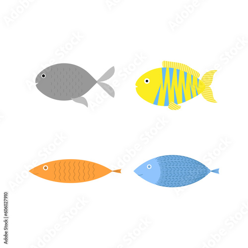 Set of fishes isolated on white background. Cute sea creature. Collection of funny aquarium fishes. Cartoon vector illustration