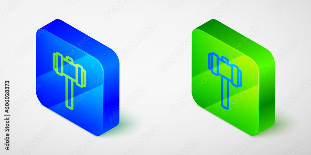 Isometric line Sledgehammer icon isolated on grey background. Blue and green square button. Vector Isometric line Sledgehammer icon isolated on grey background. Blue and green square button. Vector