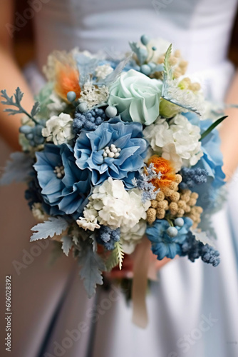 Real flowers for wedding in shades of blue and white bride holding it in her hands. AI generative