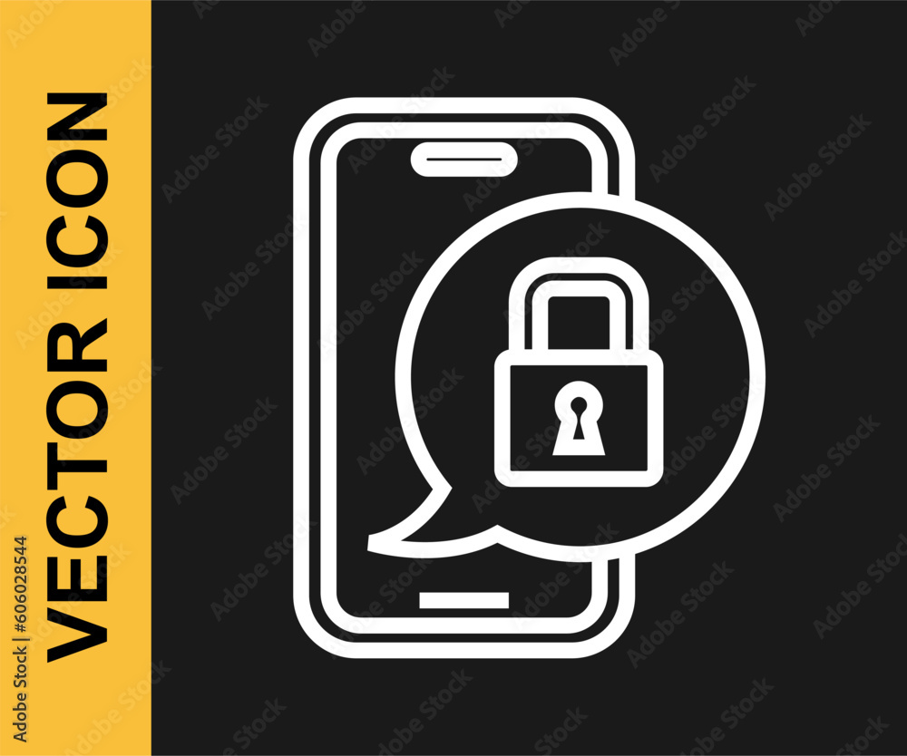 White line Smartphone with closed padlock icon isolated on black background. Phone with lock. Mobile security, safety, protection concept. Vector White line Smartphone with closed padlock icon isolated on black background. Phone with lock. Mobile security, safety, protection concept. Vector