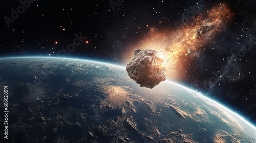 A huge asteroid flies towards the earth at breakneck speed. The fiery camet will collide with the planet soon. Created in AI.