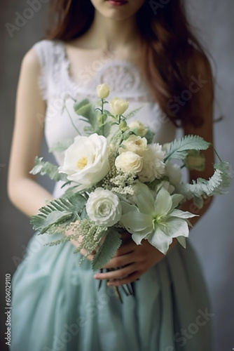 Real flowers for wedding in shades of mint and white bride holding it in her hands. AI generative