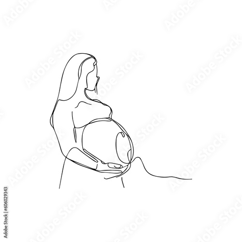 Vector illustration. One line art. A pregnant woman is holding her belly.