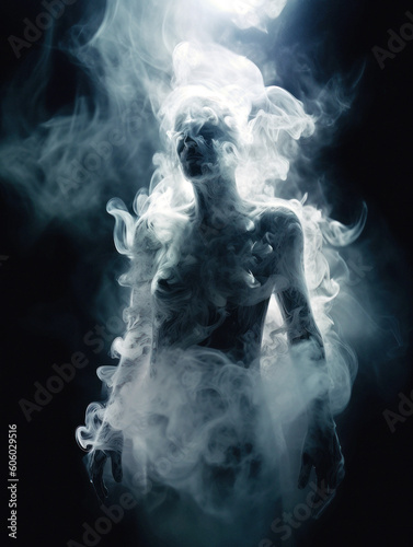 I think i saw a ghost Emerging from the darkness, a ghostly figure forms from wisps of white smoke. Its human-like shape, a chilling spectacle, creeps toward the camera. Generative AI