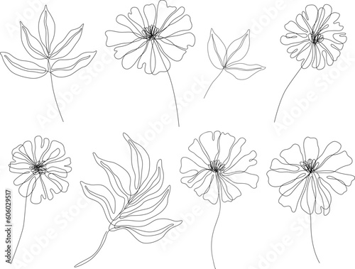 Abstract flowers isolated illustration. Wildflowers for background. Botanical art. Simple minimalist art set. Continuous line drawing.