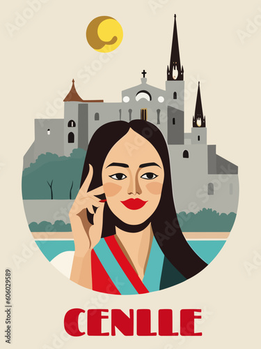 Cenlle: Beautiful vintage-styled poster with a woman and the name Cenlle in Galicia photo