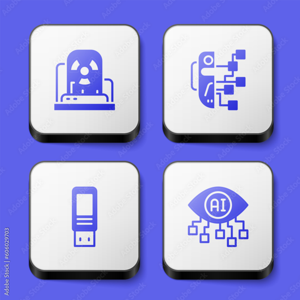 Set Radioactive warning lamp, Humanoid robot, USB flash drive and Computer vision icon. White square button. Vector