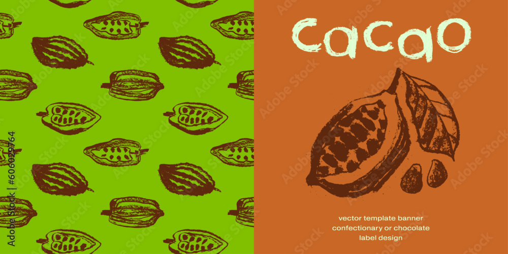 Panoramic template banner for Flavorful Organic Chocolate with hand-drawn Cocoa Beans Illustrations. Chocolate packaging design, cocoa powder label, organic cacao butter backdrop. Cocoa cosmetics.
