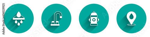 Set Water filter cartridge, tap, Fire hydrant and drop with location icon with long shadow. Vector
