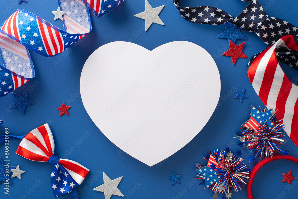 Obraz premium Top view of patriotic party essentials: curly ribbon, glitter stars, headband, neckties, bow-tie in national flag colors on a blue backdrop. Empty heart provided for text or advertisement