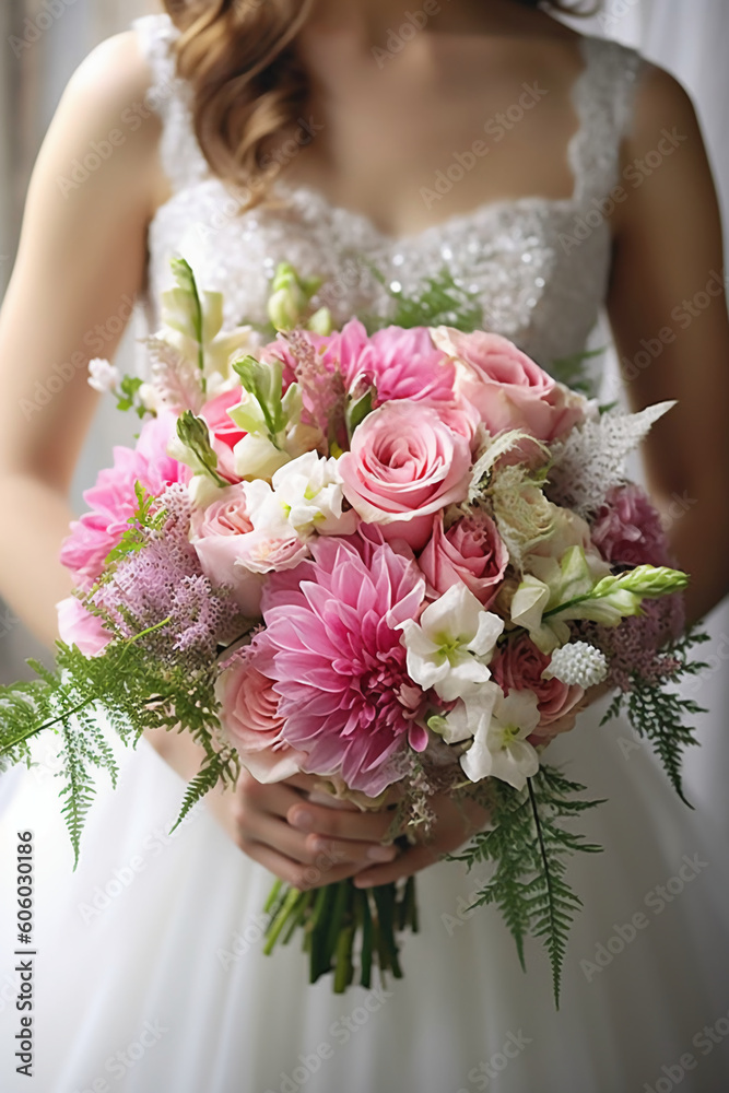 Naklejka premium Real flowers for wedding in shades of pink and white bride holding it in her hands. AI generative