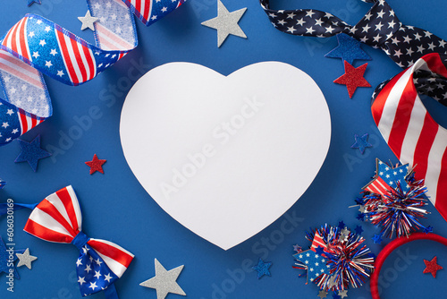 Top view of patriotic party essentials: curly ribbon, glitter stars, headband, neckties, bow-tie in national flag colors on a blue backdrop. Empty heart provided for text or advertisement
