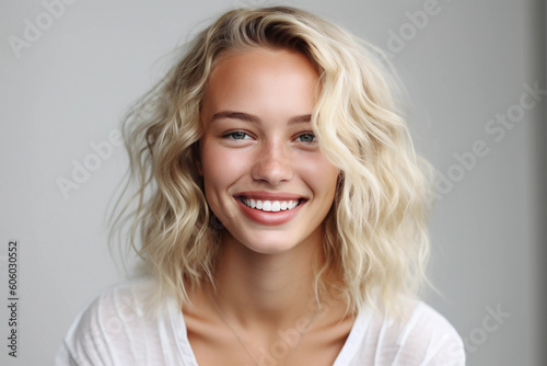 Portrait of Young blonde Woman Smiling Cheerfully and white background