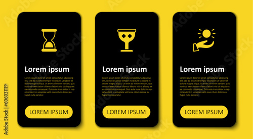 Set Ball levitating above hand, Medieval goblet and Old hourglass. Business infographic template. Vector