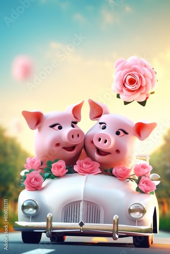 super cute adorkable fluffy Pink Pig  couple pig is smiling happily  very happy  sitting on the roof of a taxi