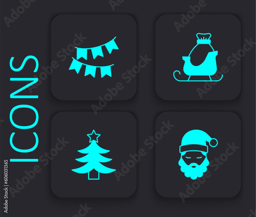 Set Santa Claus hat and beard, Carnival garland with flags, Christmas santa claus sleigh and tree icon. Black square button. Vector