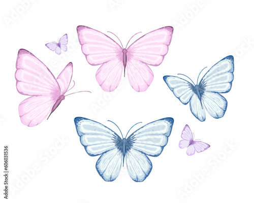 colorful pastel watercolor set of butterflies