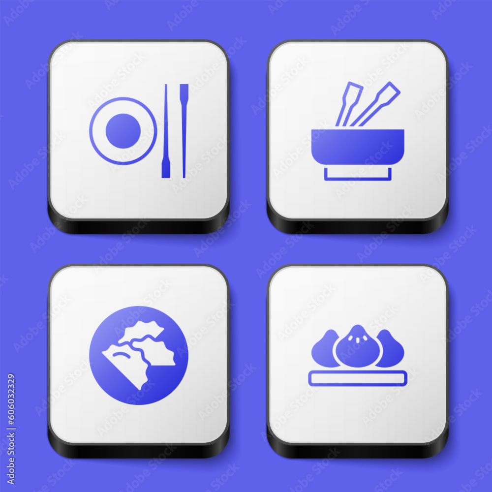 Set Food chopsticks with plate, Asian noodles in bowl, Dumpling and icon. White square button. Vector Set Food chopsticks with plate, Asian noodles in bowl, Dumpling and icon. White square button. Vector