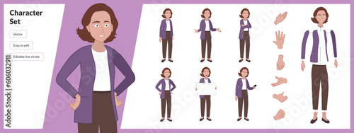 Illustration of young woman, wearing business casual clothing in a set of multiple poses. Easy to edit with editable line strokes and isolated on white background. Suitable for animation.
