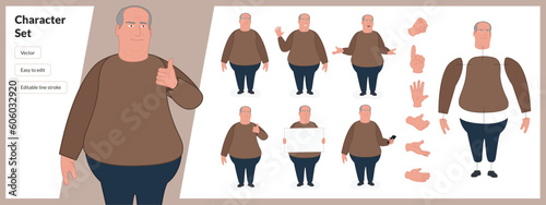 Illustration of large overweight man, wearing business casual clothing in a set of multiple poses. Easy to edit with editable line strokes and isolated on white background. Suitable for animation.