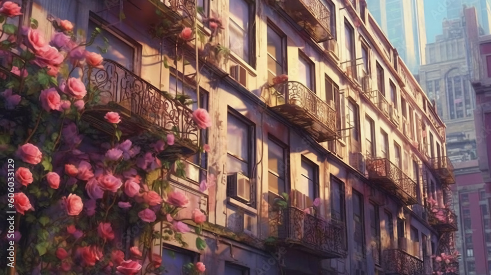 Roses blooming between buildings. AI generative