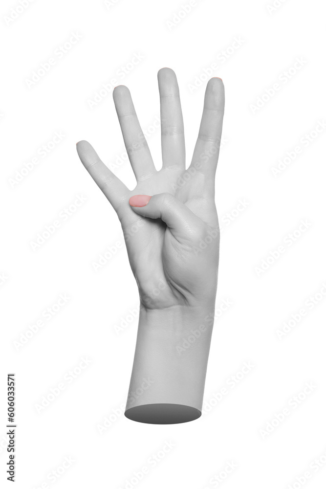 Black and white woman's hand pointing 4 fingers up, number four. Modern, 3d trendy style. Black and white woman's hand pointing 4 fingers up, number four. Modern, 3d trendy style.