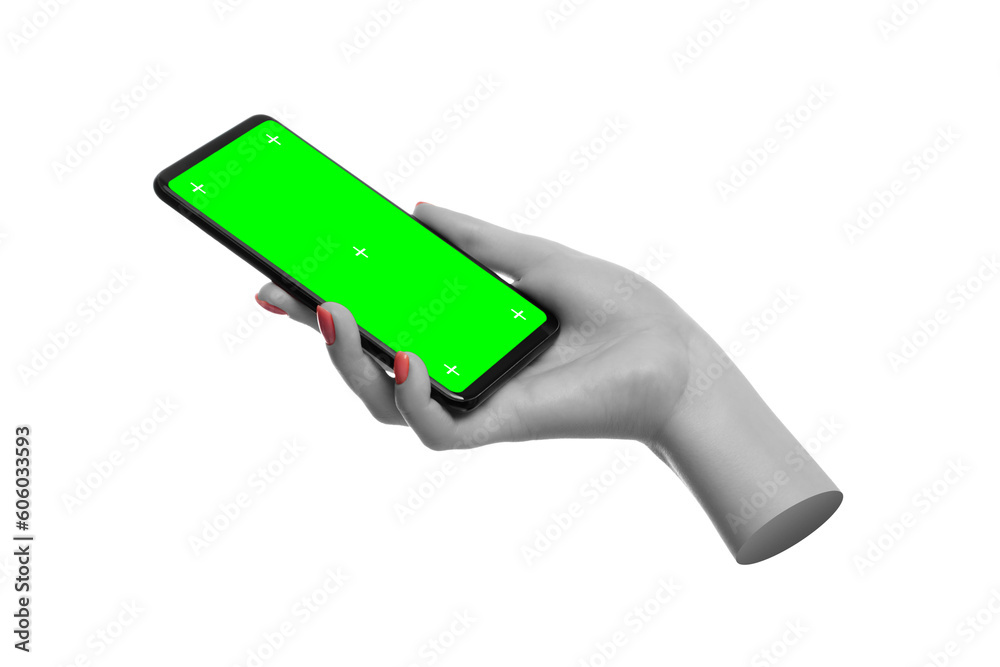 Smartphone with green screen in black and white woman's hand. Modern, 3d trendy style. Smartphone with green screen in black and white woman's hand. Modern, 3d trendy style.