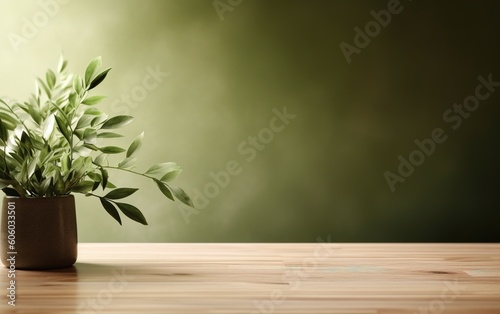 Wood table top, green texture wall background, shadows and light reflections on the wall. Mock up for presentation