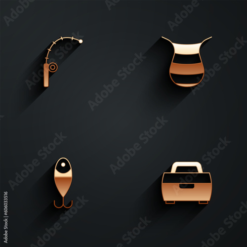 Set Fishing rod, net, lure and Case or box for fishing equipment icon with long shadow. Vector