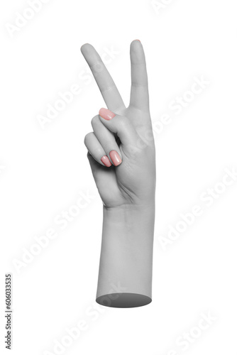 Black and white woman's hand pointing two fingers up, number two, peace sign, victory. Modern, 3d trendy style.